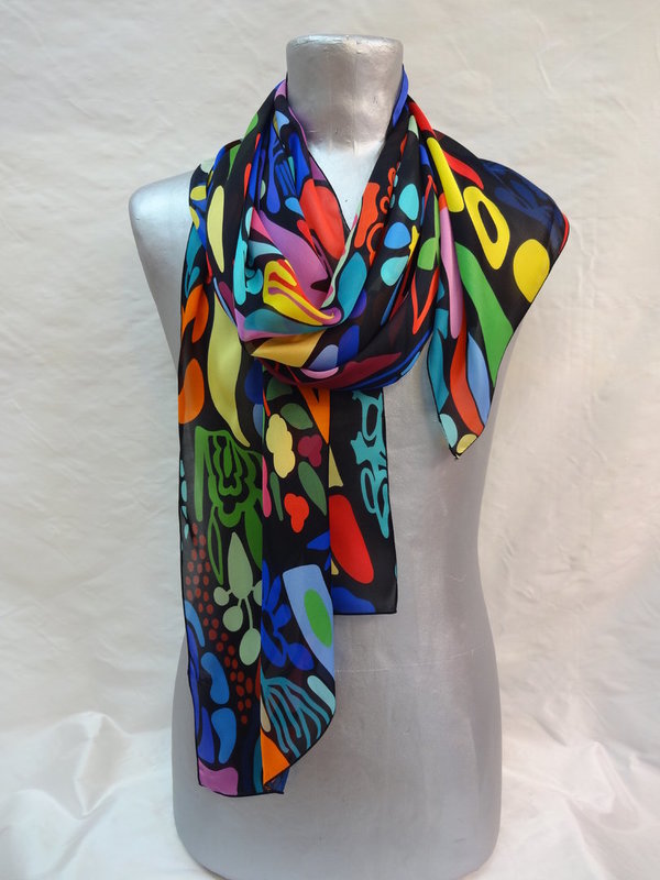 Foulard en Soie motifs multicolores et fond noir Mosaique