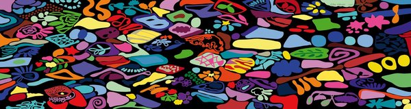 Foulard en Soie motifs multicolores et fond noir Mosaique