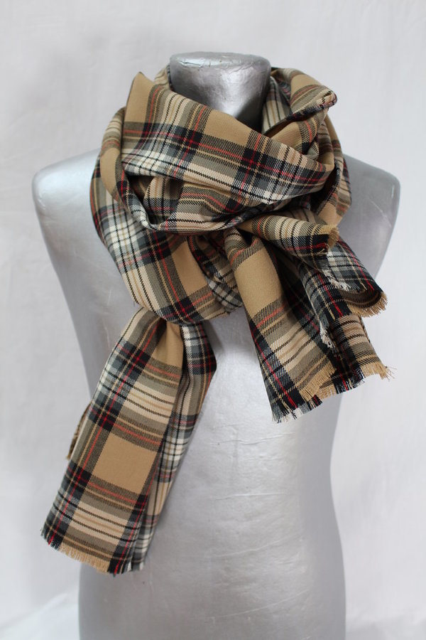 Echarpe  en Tartan écossais beige, noir et rouge en laine